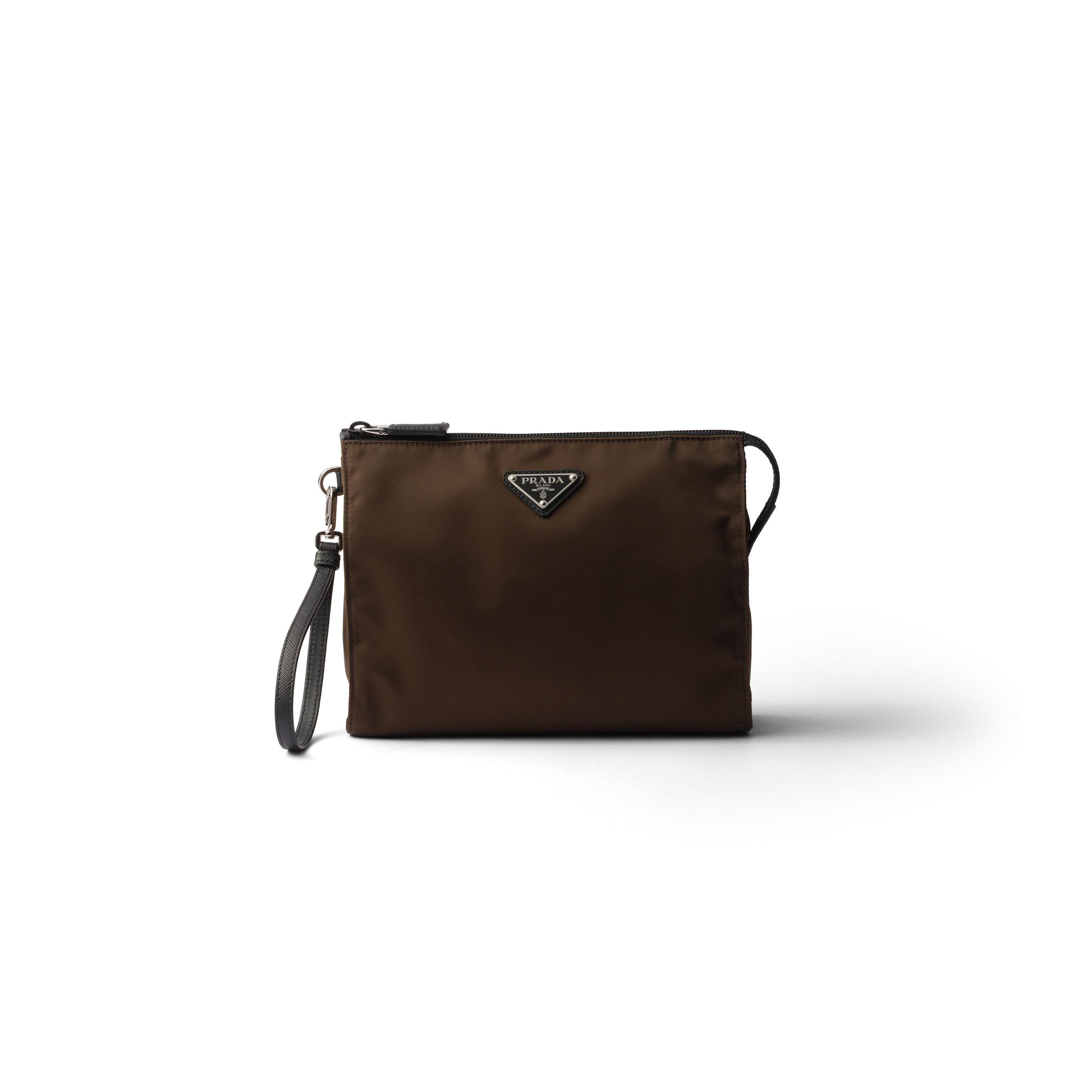 PRADA BROWN RE-NYLON AND SAFFIANO LEATHER NECESSAIRE 2NE789 (22*17*6.5cm)
